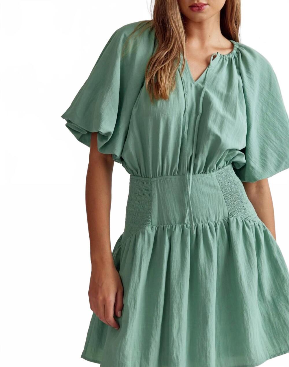 NEW ENTRO puff sleeve mini dress in sage